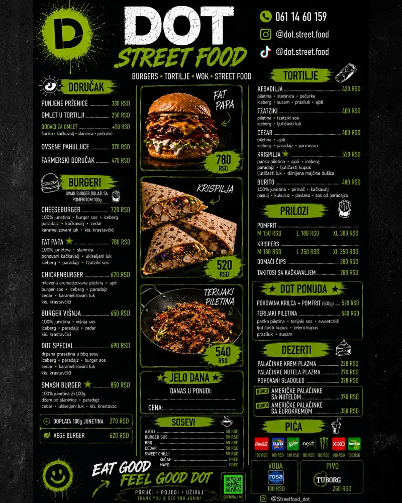 Štampani DOT Street Food meni sa svim kategorijama i cenama
